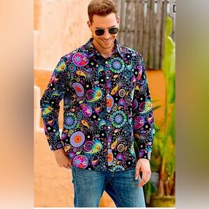 Luc Matton Colorful Art Deco Long Sleeve Button Down Shirt‎ Size Med
